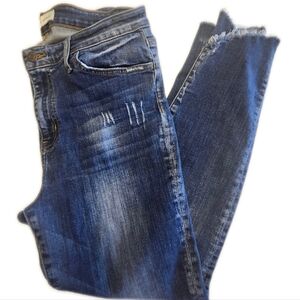 Flying Monkey High Rise Raw Hem Medium Blue Distressed Skinny Jeans, 10